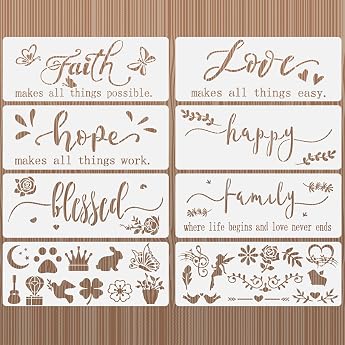 OOTSR 8-Piece Inspirational Words Stencil Set Plastic Drawing Stencil Reusable for Painting on Wood Scrapbooking Floors Wall Art Decorations
