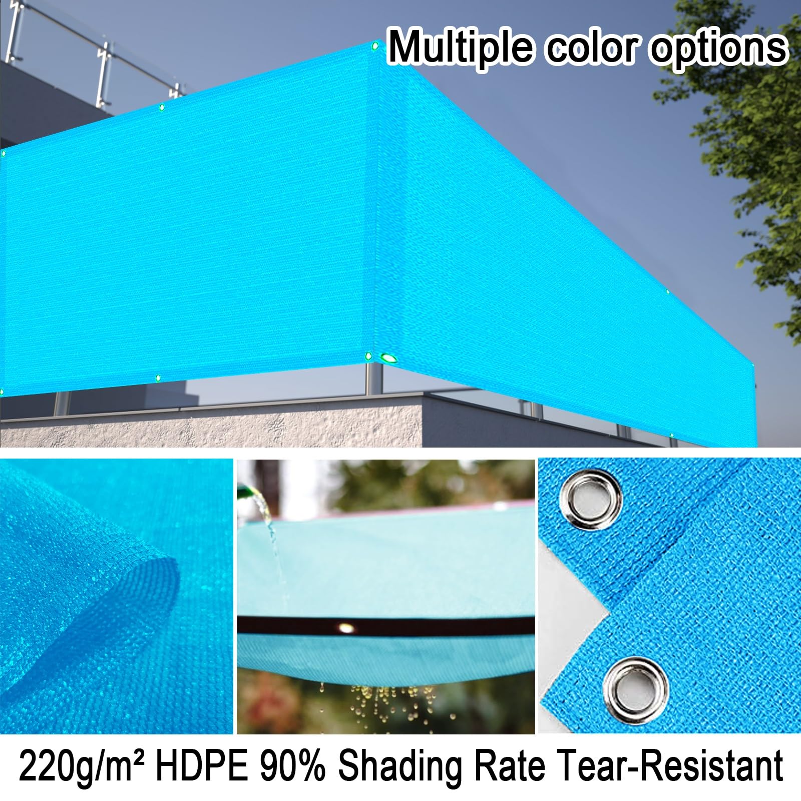 Balkon 50 x 300 cm tkanina chroniąca przed promieniowaniem UV z przelotkami, osłona balustrady na taras, niebieska osłona na taras i balkon