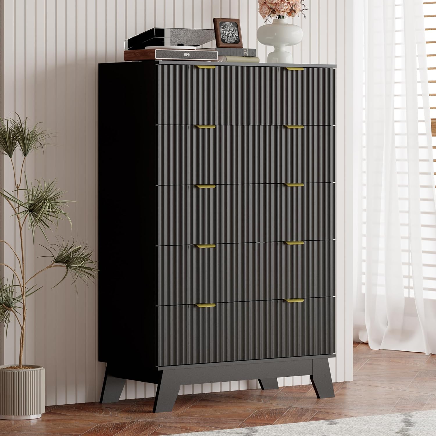 Black Dresser for Bedroom with 6 Drawer, 46" Tall Fluted Wooden Dresser Storage Cabinet and Chest of Drawers with Metal Handle, Storage Organizer for Living Room, Hallway, Entryway