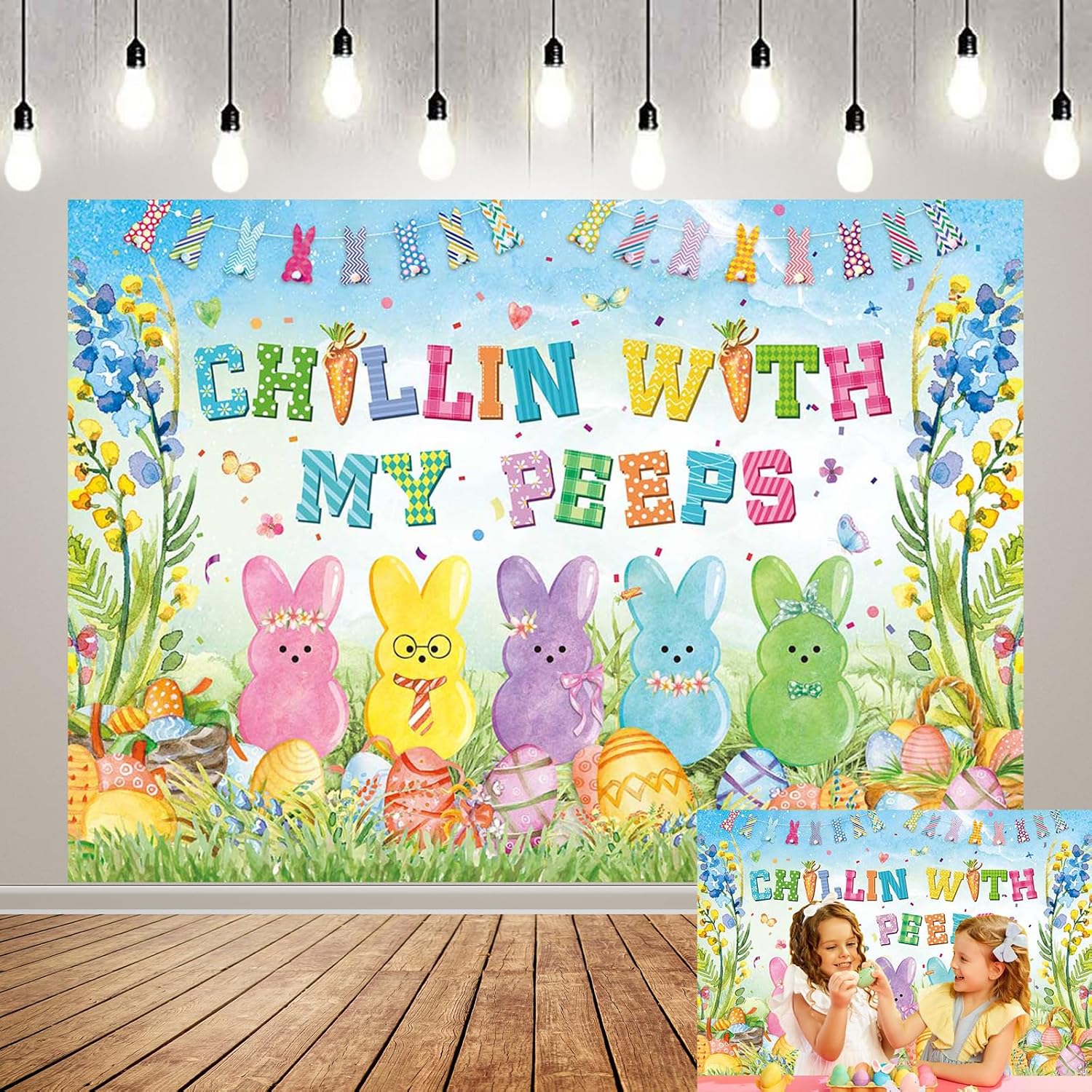 Easter Bunny Backdrop Spring Bunny Chillin with My Peeps Photoshoot Background Happy Easter Eggs Party Decor Banner Booth Props (82x59inch(7x5FT))