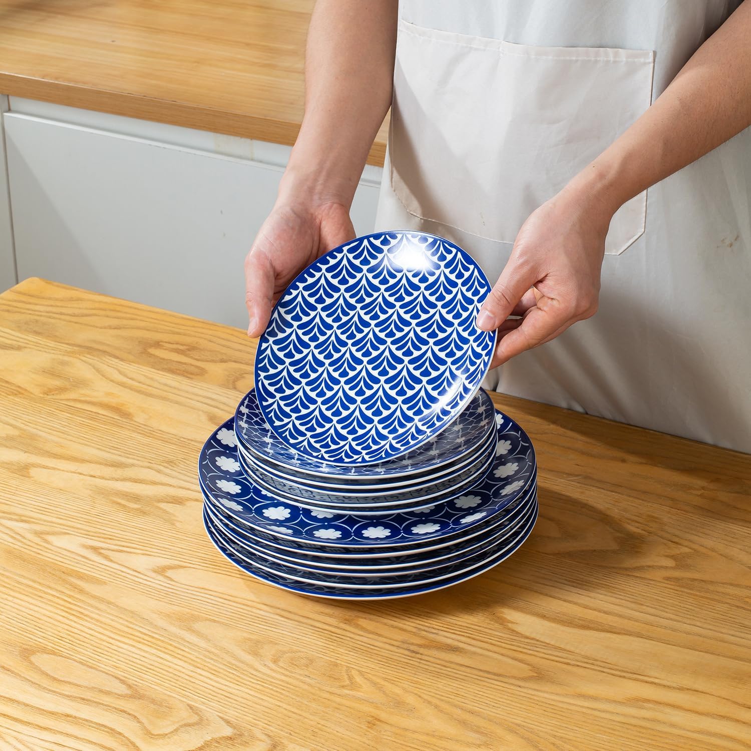 AntoKueh Blue Ceramic Plates Set of 6, 8 Inch Small Salad Plates, Dishwasher & Microwave Safe, Christmas gift