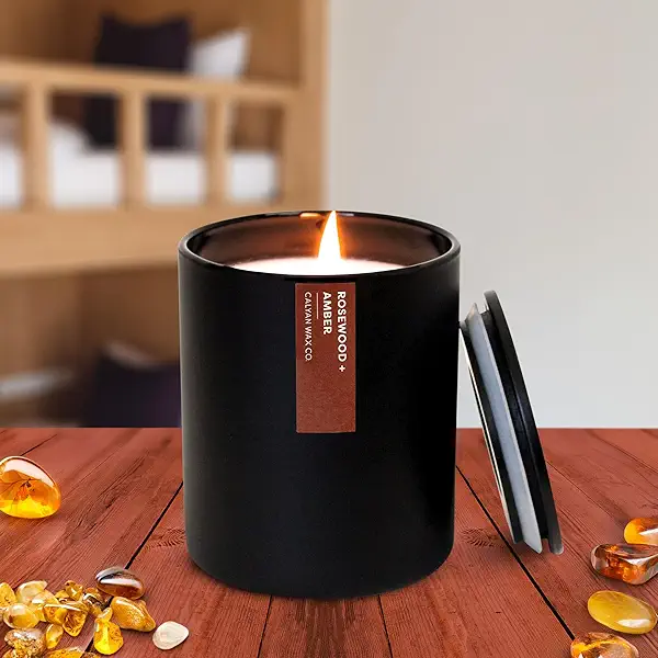 Calyan Wax Co. Rosewood & Amber Scented Candle - 75 Hour Burn - Luxury Clean Soy Wax Candles - Long Lasting Black Tumbler Jar Candle for Home - 10.2oz 6