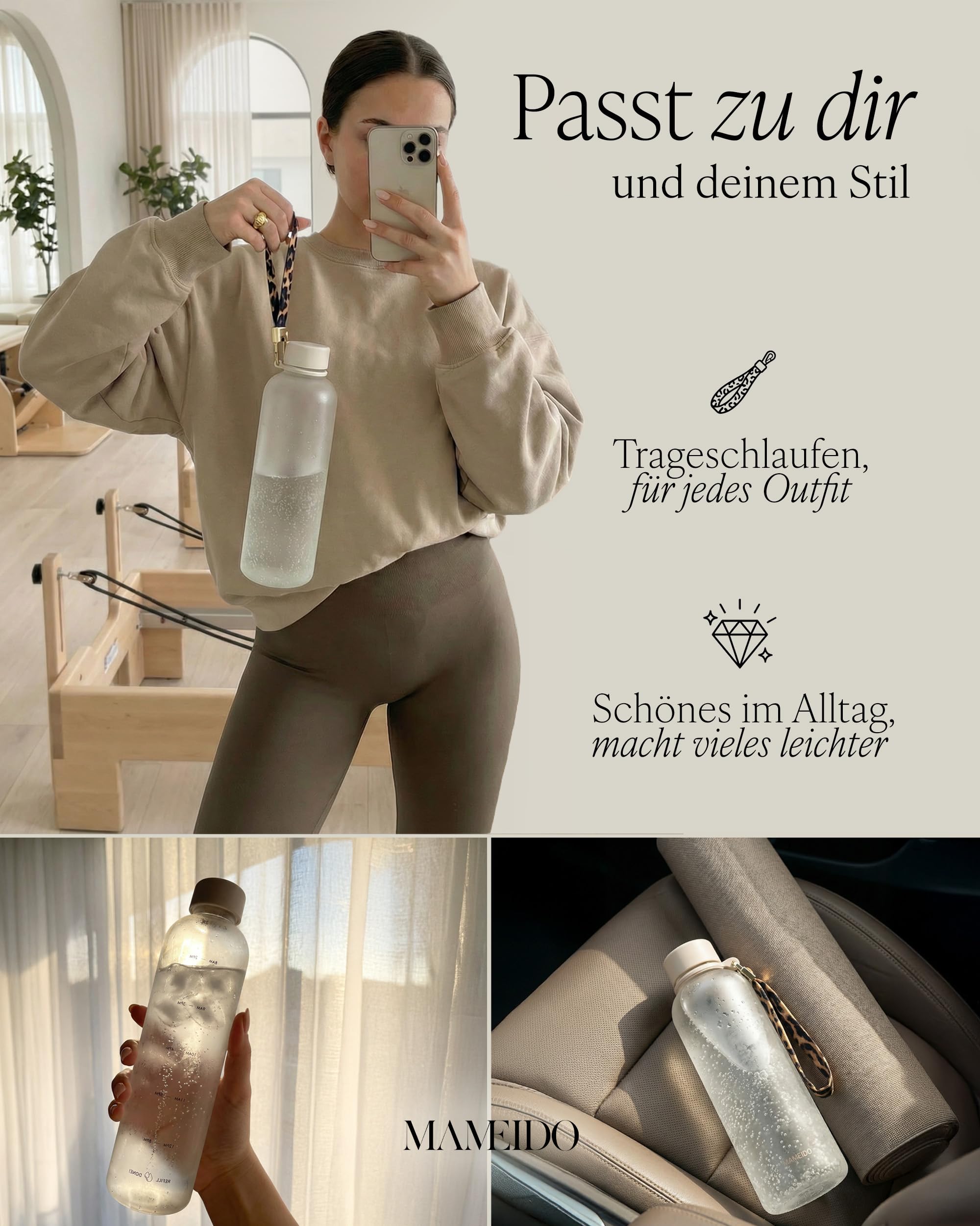 MAMEIDO Trinkflasche mit Zeitmarkierung 1 l (Urban Taupe Gold) | mit abnehmbarer Trageschlaufe, auslaufsicher & Kohlensäure geeignet, BPA-frei, ideal für Sport, Gym & Büro