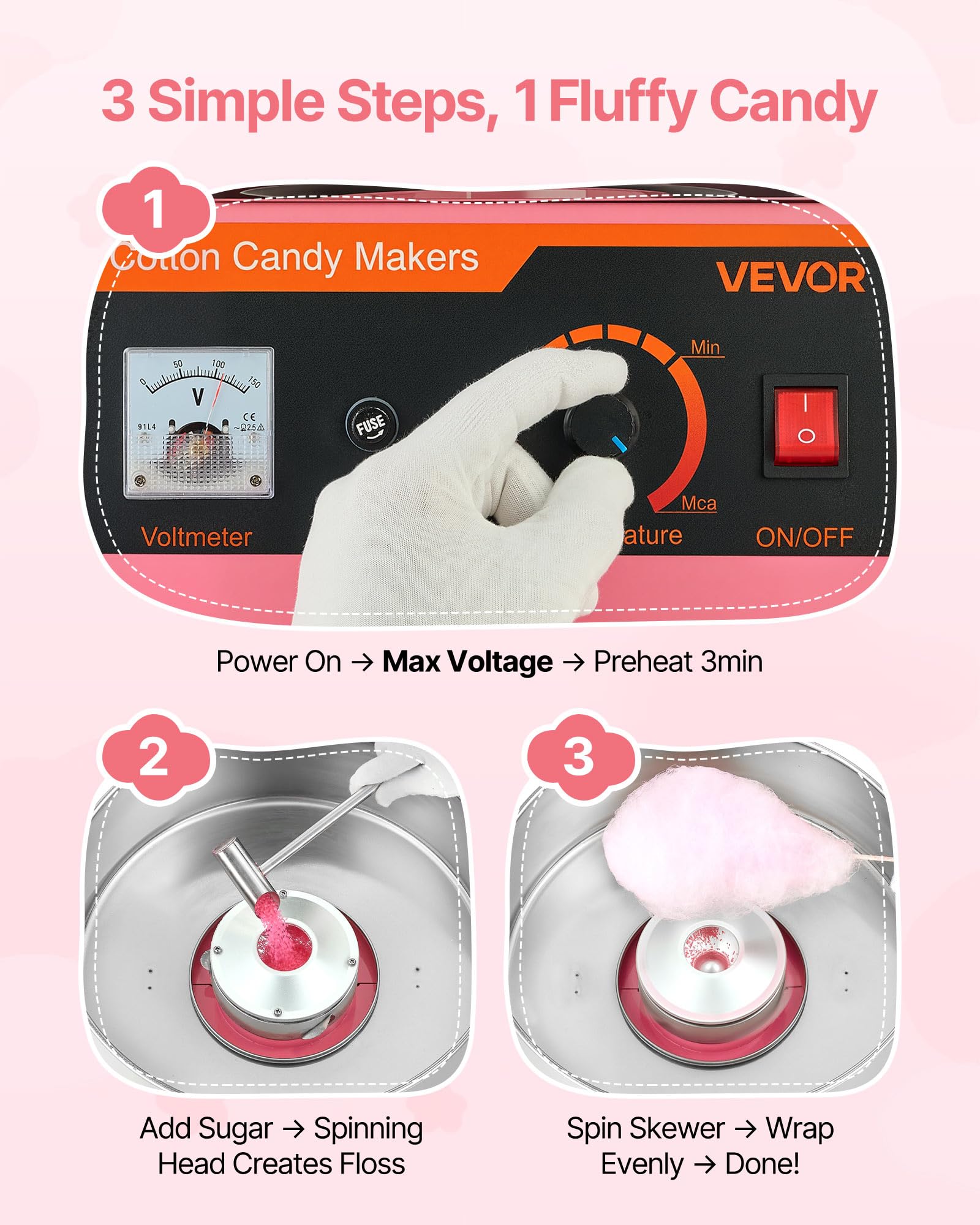 VEVOR Máquina de Algodón de Azúcar Eléctrica 1000 W Capacidad de 100 g de Azúcar 38 x 38 x 34 cm Fácil de Instalar y Desmontar Fácil de Usar con Azucarero y Cuchara para Hogar, Fiestas, Rosa
