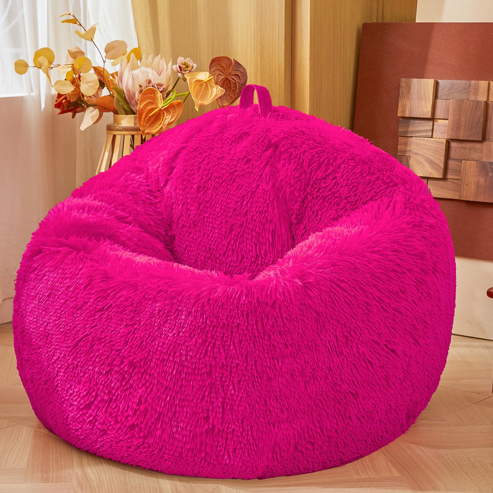 FOPPA Shaggy Fuzzy Fluffy Hot Pink Bean Bag Chair Covers – Soft Plush Furry Hot Pink Bean Bag Chair Cover for Kids Girl, Stuffed Animals Bean Bag