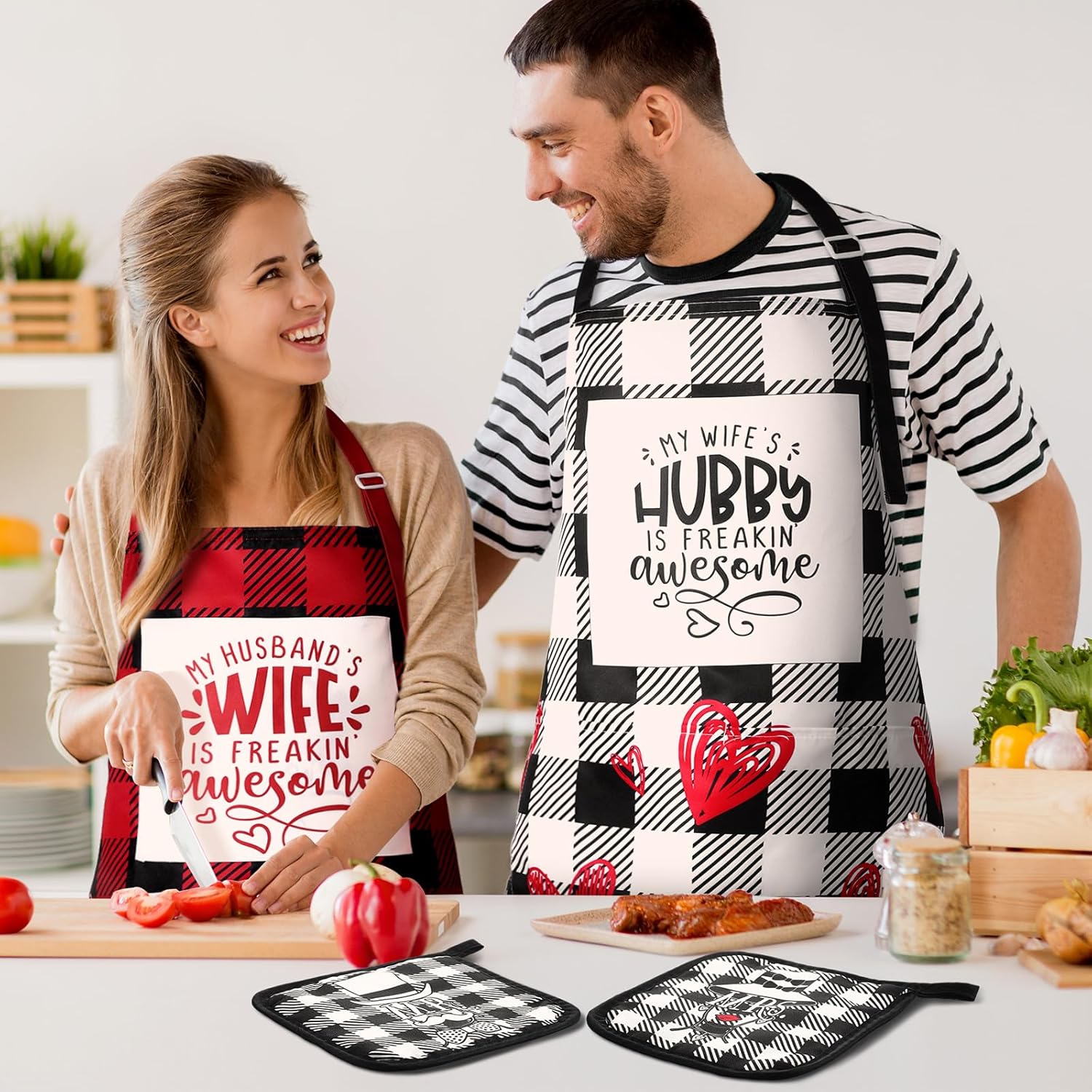 Xtinmee Xtimee Valentines Mr and Mrs Aprons for Couples Bridal Shower Gifts Towel Oven Mitt Pot Holder Wedding Kitchen - Image 2