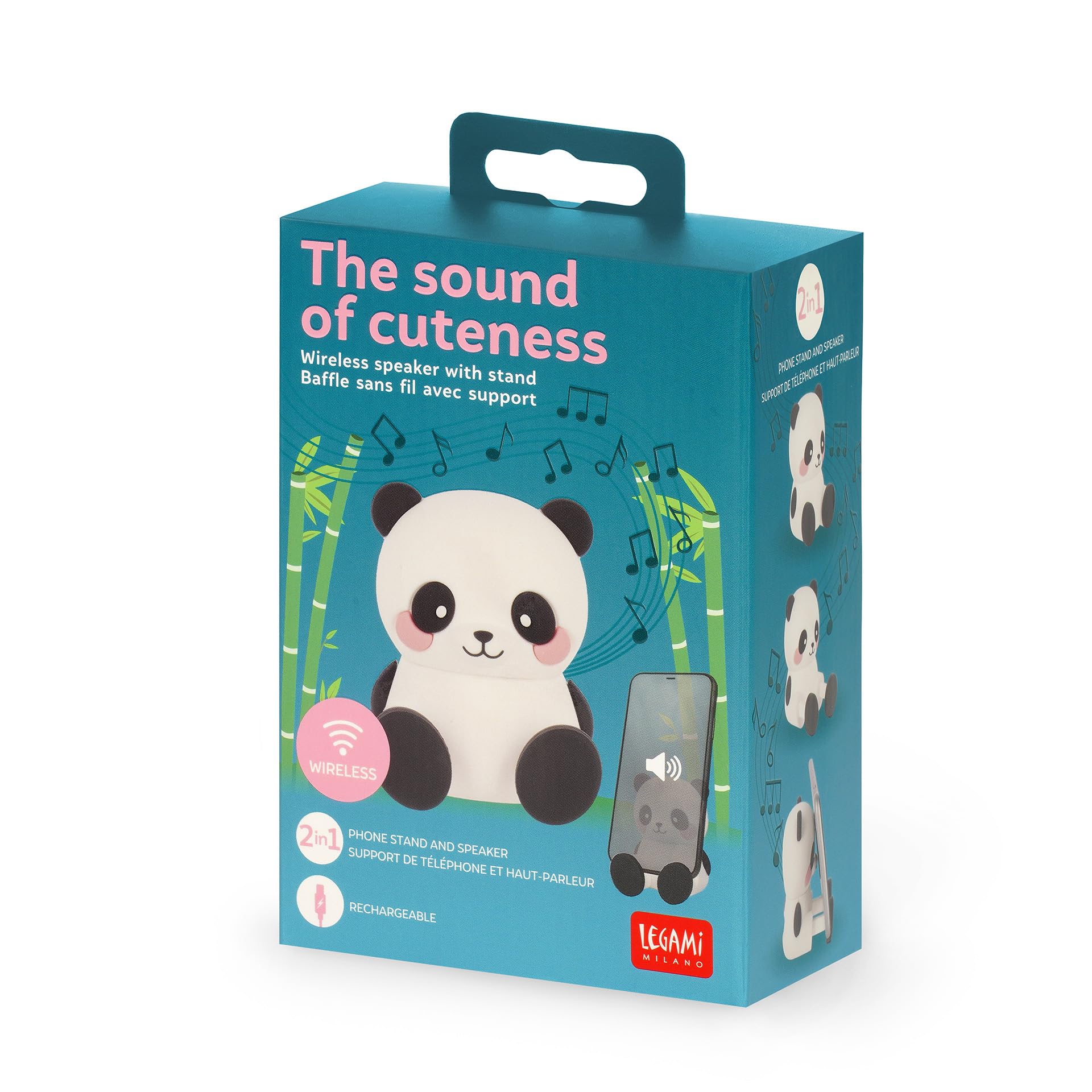 LEGAMI - Kabelloser Lautsprecher mit Halterung, The Sound of Cuteness, Panda-Design, Wiederaufladbar, Type-C-Kabel Inklusive, Als Handyhalterung Verwendbar, 6 x 8 x 5 cm