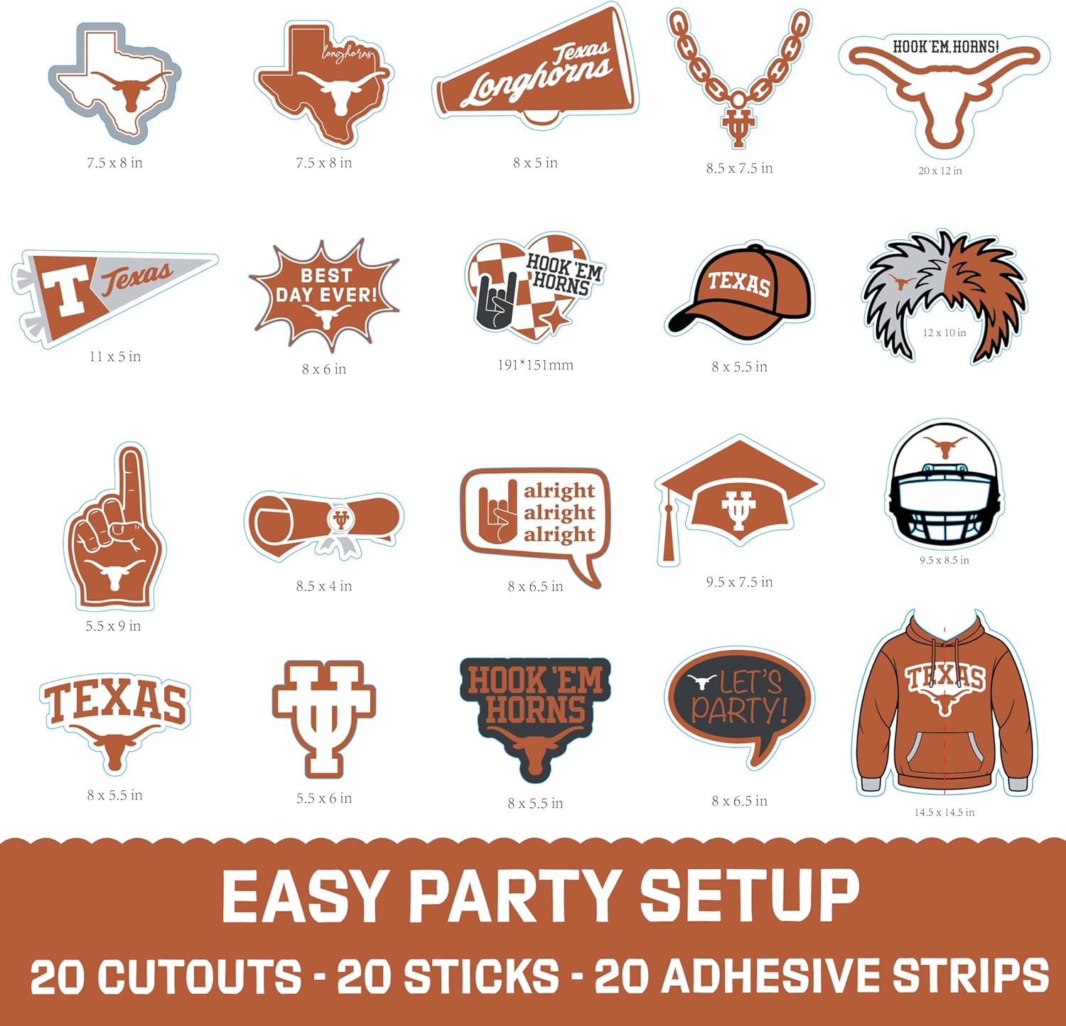 Texas Longhorns Photo Prop Kit 20 Piece Set for Graduation, Birthdays, Football Game Day Party Supplies (Texas Longhorns)