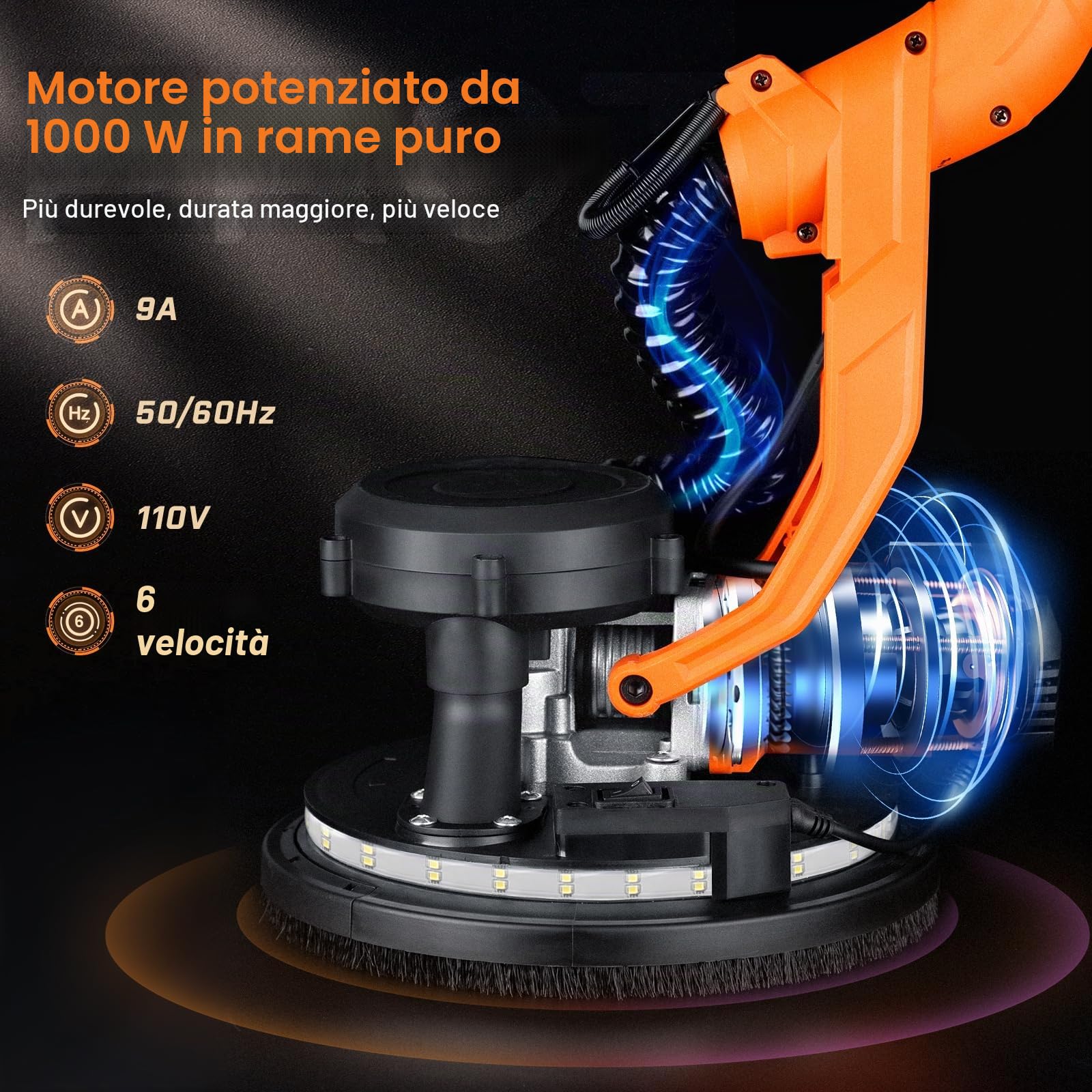 Protmex Giraffa Levigatrice - 1000W Levigatrice per Muro con Aspiratore e Luce LED, 6 Velocità 800-2200RPM, Dischi di Levigatura 15pcs, Pieghevole Estensibile per Muri