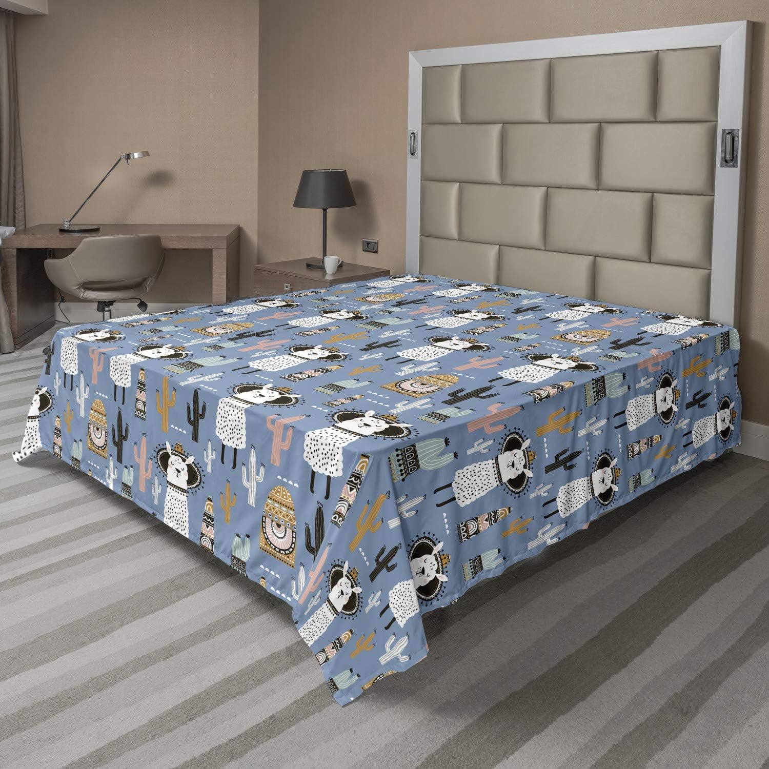 Ambesonne Hipster Flat Sheet, Llamas with Tribal Aztec Style Prehistoric Playroom Theme, Soft Comfortable Top Sheet Decorative Bedding 1 Piece, Full Size, Multicolor