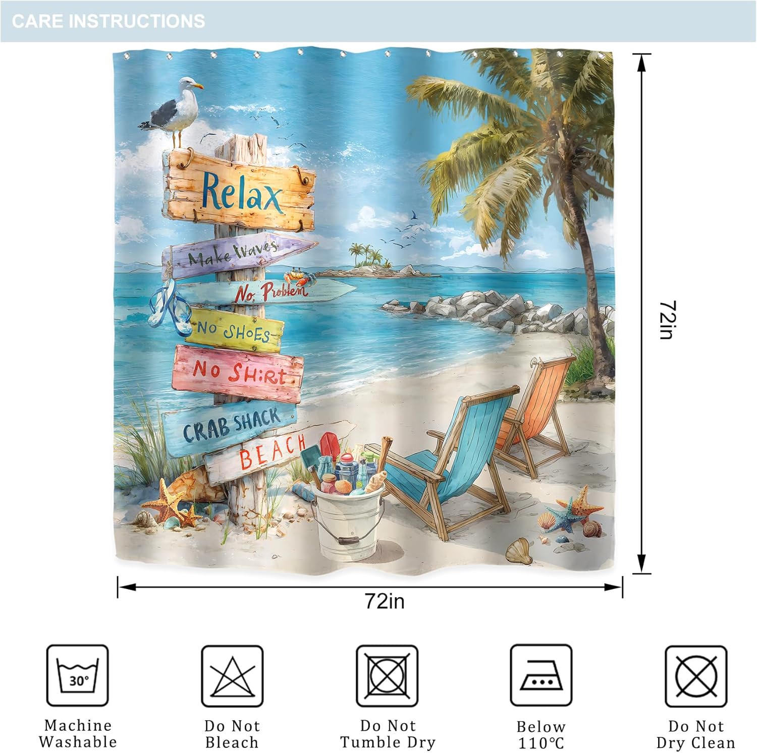 Riyidecor Ocean Beach Shower Curtain for Bathroom Decor 72Wx72H Tropical Palm Tree Coastal Nautical Summer Blue Seaside Starfish Seashell Art Printed Fabric Polyester Waterproof 12 Pack Plastic Hooks