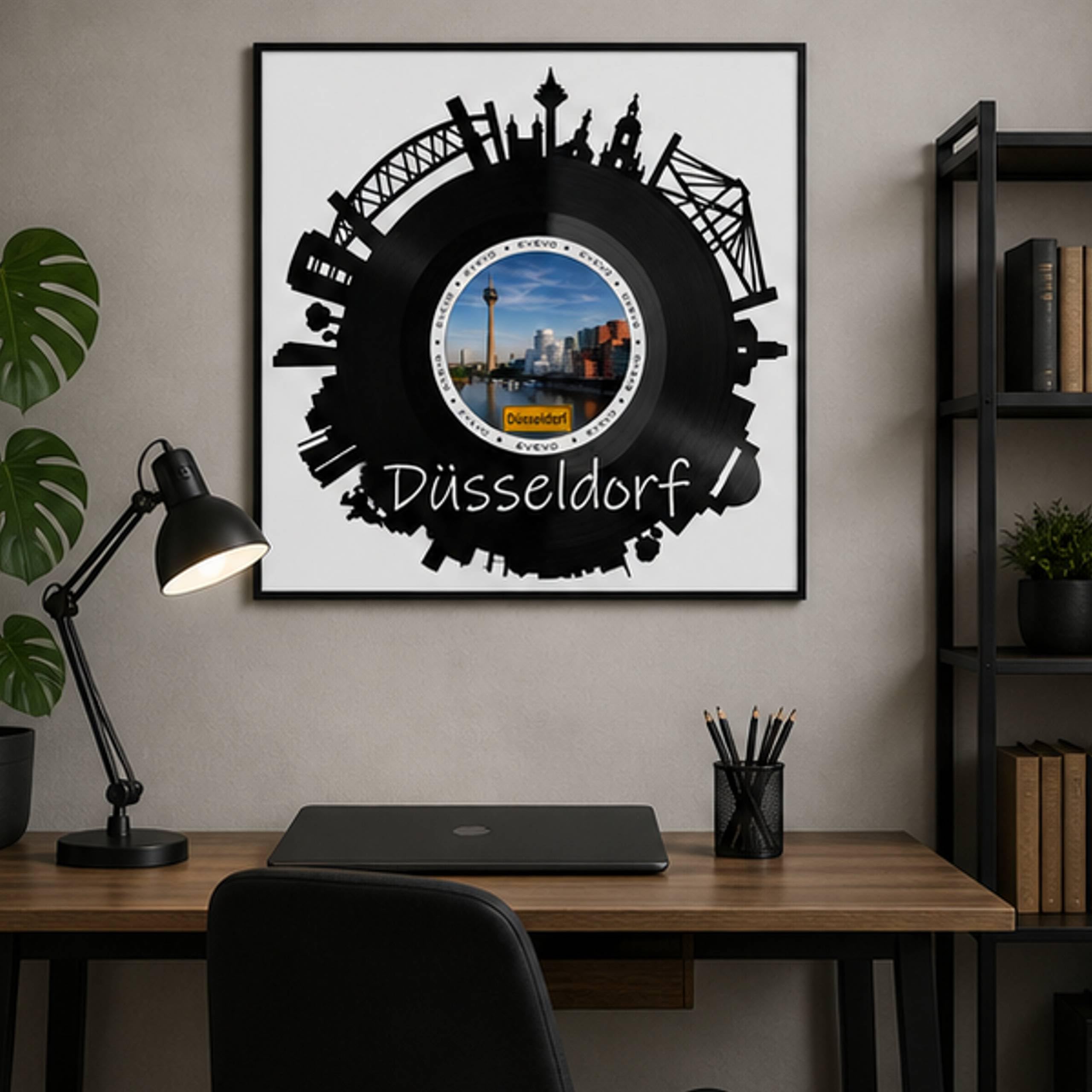 EVEVO Dekoracja ścienna z płyty gramofonowej w ramie 32 x 32 cm Düsseldorf – winylowa sztuka ścienna, nowoczesna panorama, prezent dla fanów architektury Dusseldorfu