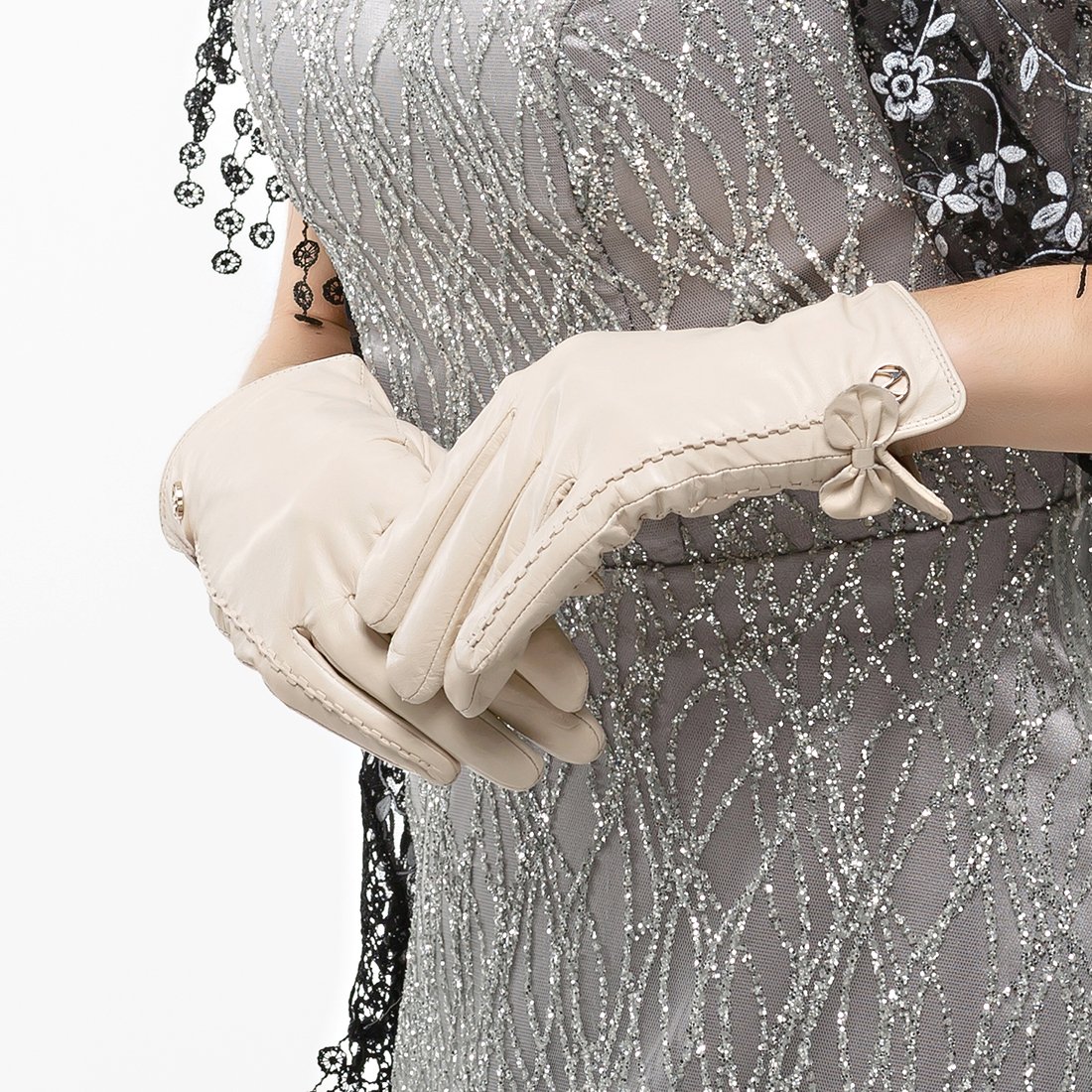 Nappaglo Women's Italian Nappa Leather Gloves Touchscreen Pure Cashmere Lining Warm Gloves with Decorative Bow (XL (Palm Girth:8