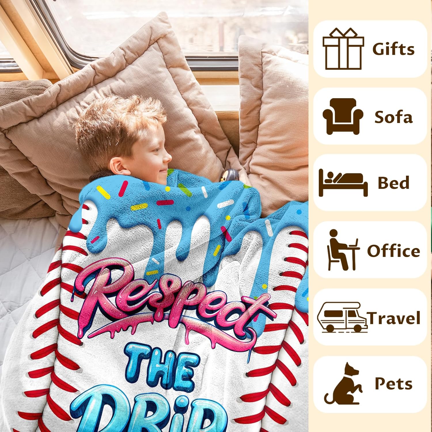 Baseball Drip Blanket for Gift Kids Blankets Gift for Birthday Baseball Lovers, Cute Cozy Soft 50 x 40 Inches Flannel Throws for Bed Travel Sofa Living Room - Image 7