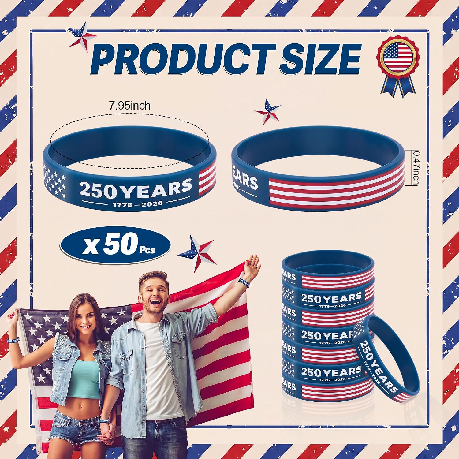 Zubebe 50 Pcs 250th 4th of July Wristband Bracelet Rubber American Flag Bracelet Bulk Military Silicone Wristband for Men Women Veteran Memorial Day Army Sport Fan Accessories Gift Party