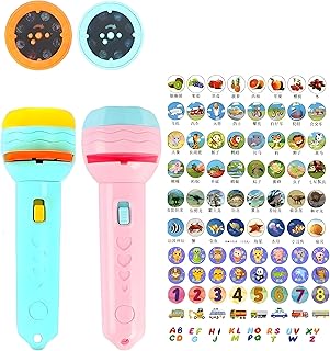 UT 2 Pcs Projector Flashlight with 88 Different Patterns & 11 Slides Projection Flash Light – Educational Toys for Kids with ABCD Alphabet,1234 Counting & Many More Themes for Night Fun (Pink & Green)