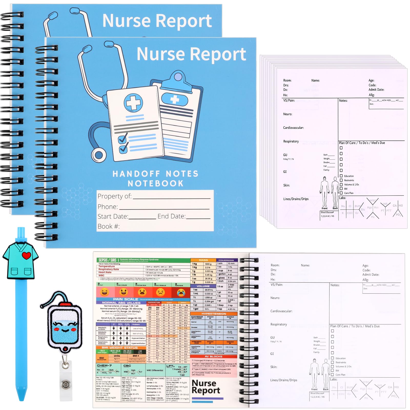 Deqing warm Nurse Essentials Report Notebook for Work,Nursing Report Sheets with Badge Reel & Pen,RN Student Accessories & Gifts,2 Pack