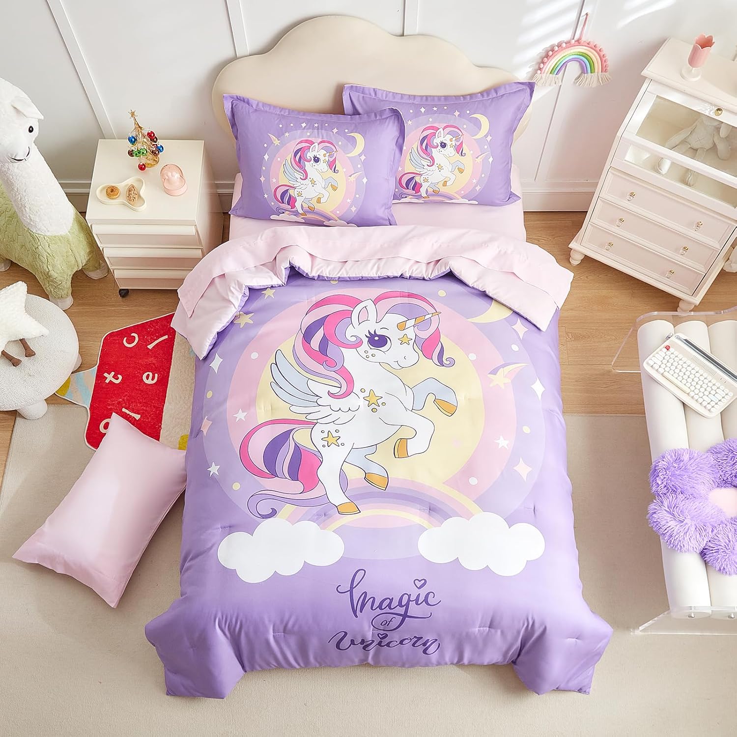 Girls Bed in a Bag Queen Size Purple Unicorn Comforter Set with Rainbow Star - Soft Microfiber 7 Pcs Bedding Set (1 Comforter, 2 Pillow Shams, 1 Flat Sheet, 1 Fitted Sheet, 2 Pillowcases)