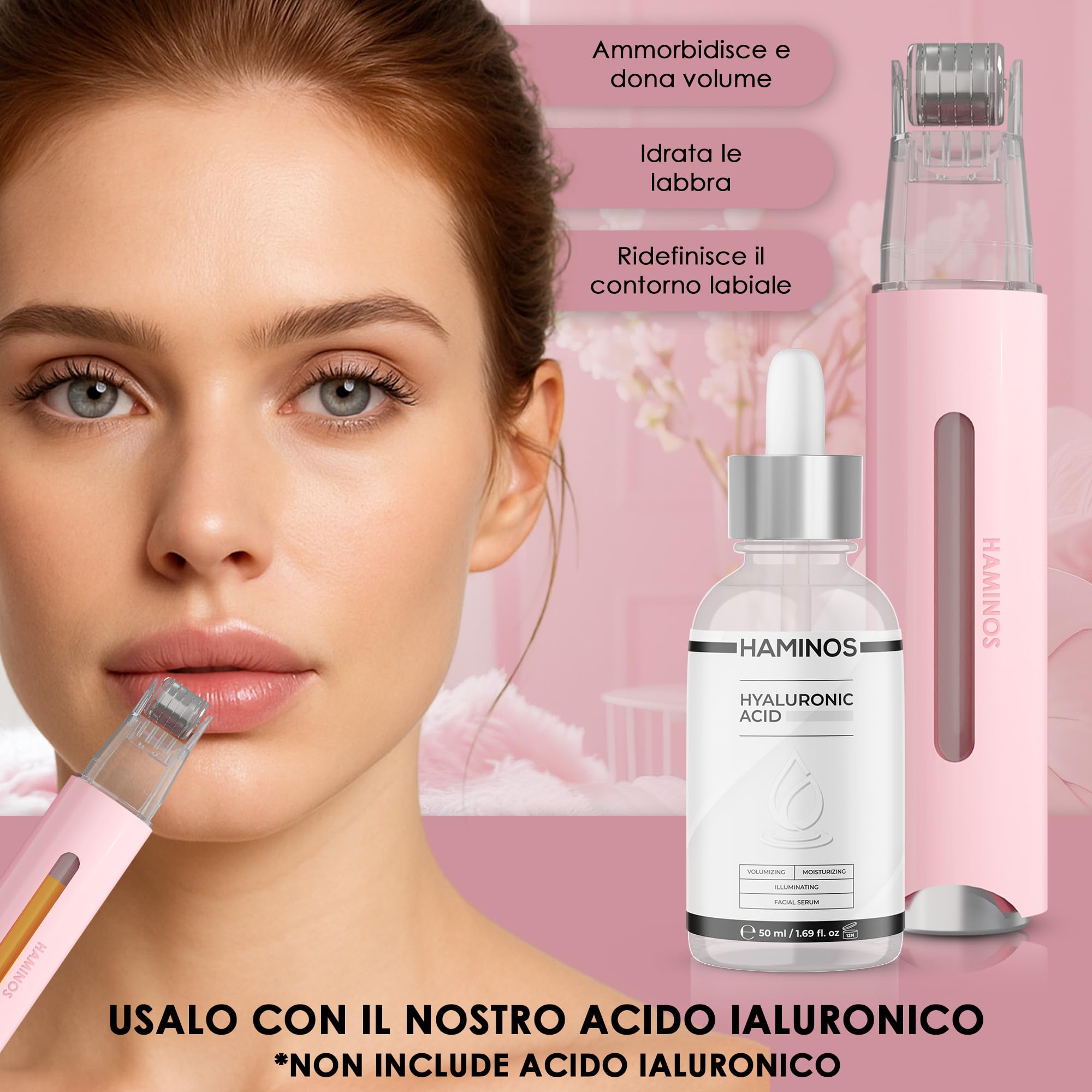 HAMINOS Derma roller 0,25 mm 2.0 con Serbatoio per Labbra, Pelle, Capelli, Rughe, Smagliature, Iperpigmentazione APPLICAZIONE DEL SIERO ISTANTANEO, 105 aghi in titanio