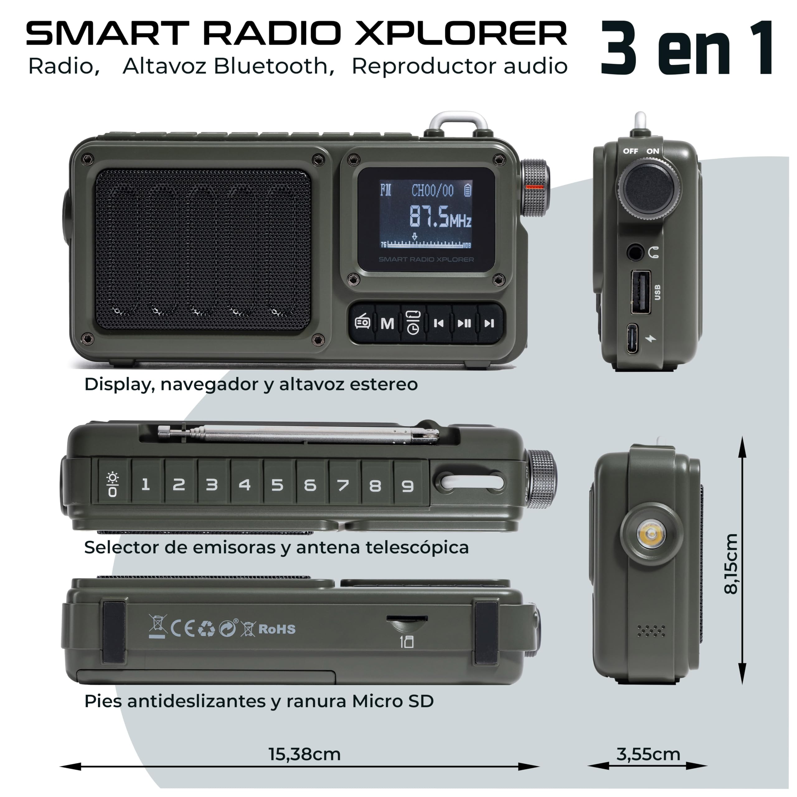 Radio Portable Rechargable 3 en 1 pour Camping Chantier Survie FM Bluetooth Autonomie 20H Puissante – Haut Parleur 8W Micro USB C AUX Compacte Nomade