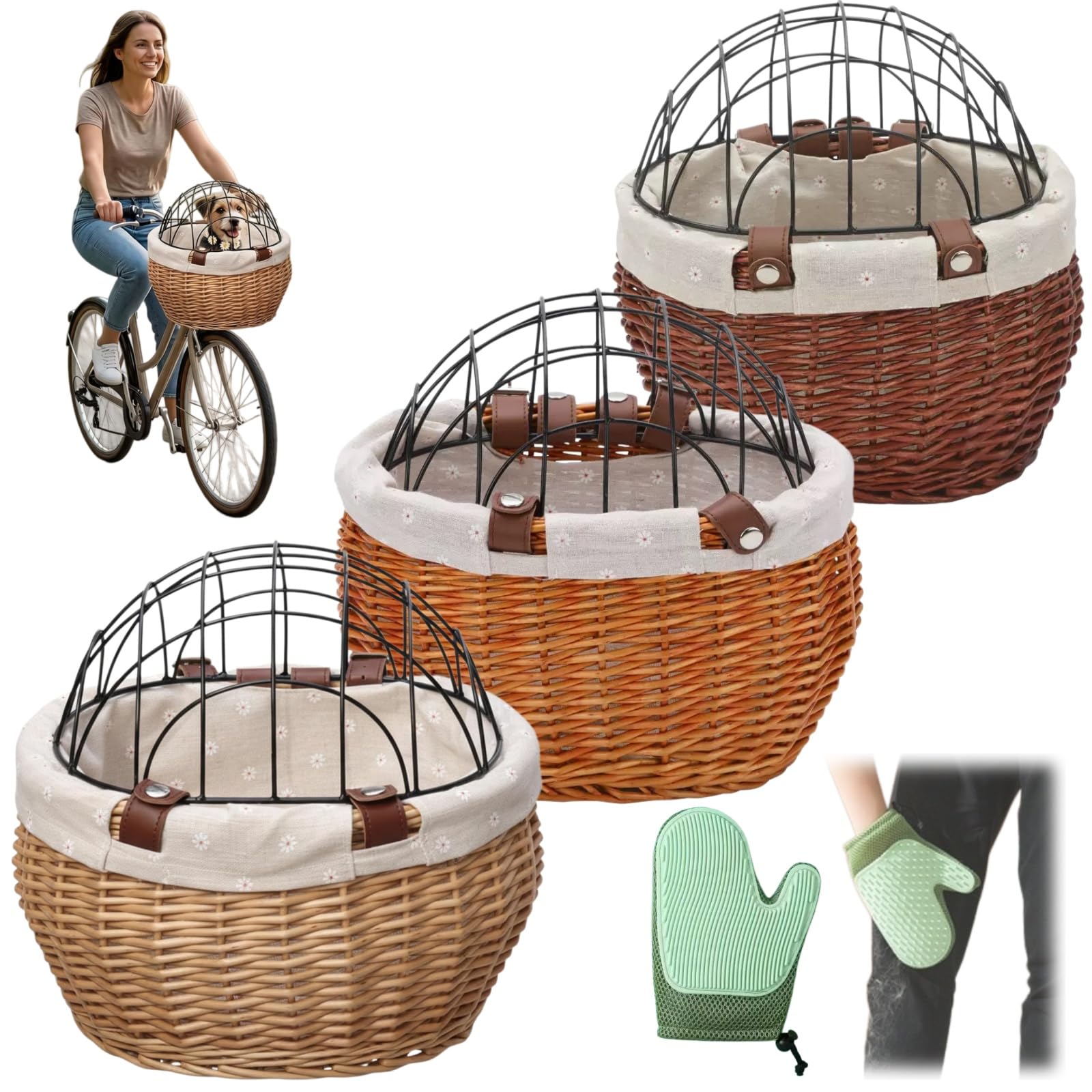 Cestino per bici per cani Trasportino sicuro per montaggio su bici con copertura per cani di piccola taglia e gatti,cestino in rattan per animali domestici e deposito (Marrone scuro)