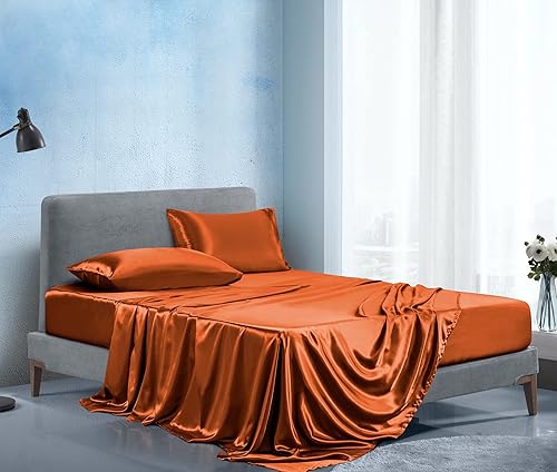Vista 43 de Manyshofu Satin King Sheets Set - 4 Piece, Camel Gold, Cooling & Luxury Bedding (1 Fitted, 1 Flat, 2 Pillow Cases)