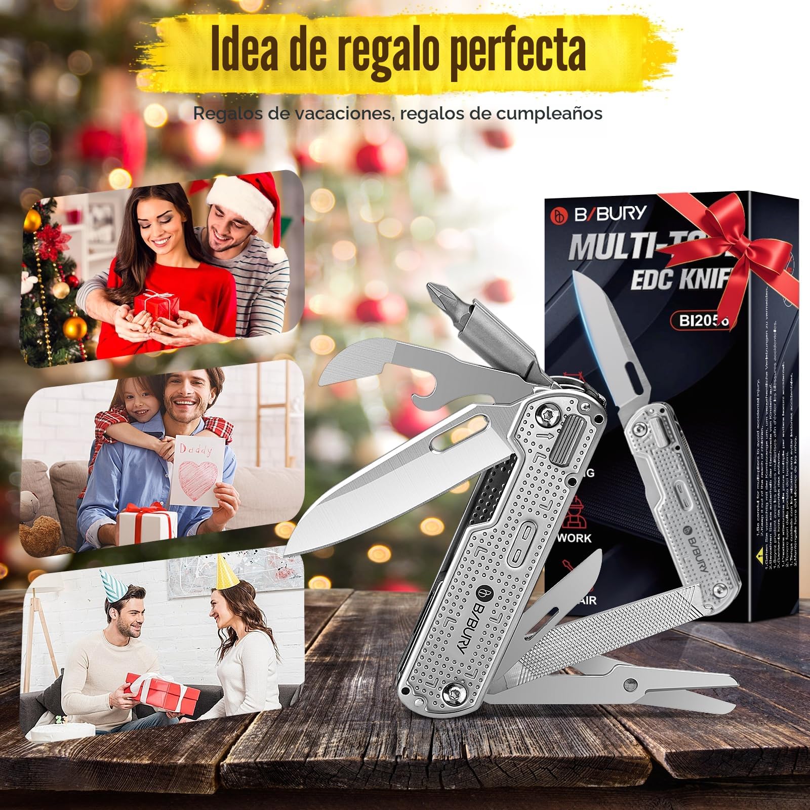 Regalos para hombres, BIBURY navaja multiusos EDC, cuchillo de supervivencia, multiherramienta camping accesorios, regalo para papá, gadgets de cumpleaños para hombres, regalos navidad - BI2056