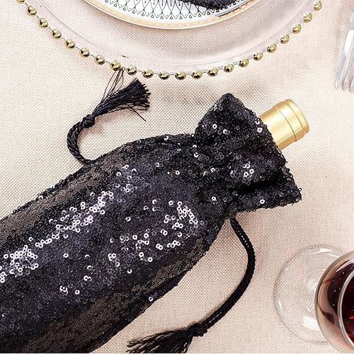 Miniatura 9 de SquarePie Bolsa de regalo de vino de lentejuelas negras, 4 piezas con cordones de 5.5 x 14 pulgadas, fundas para botellas de vino con purpurina para