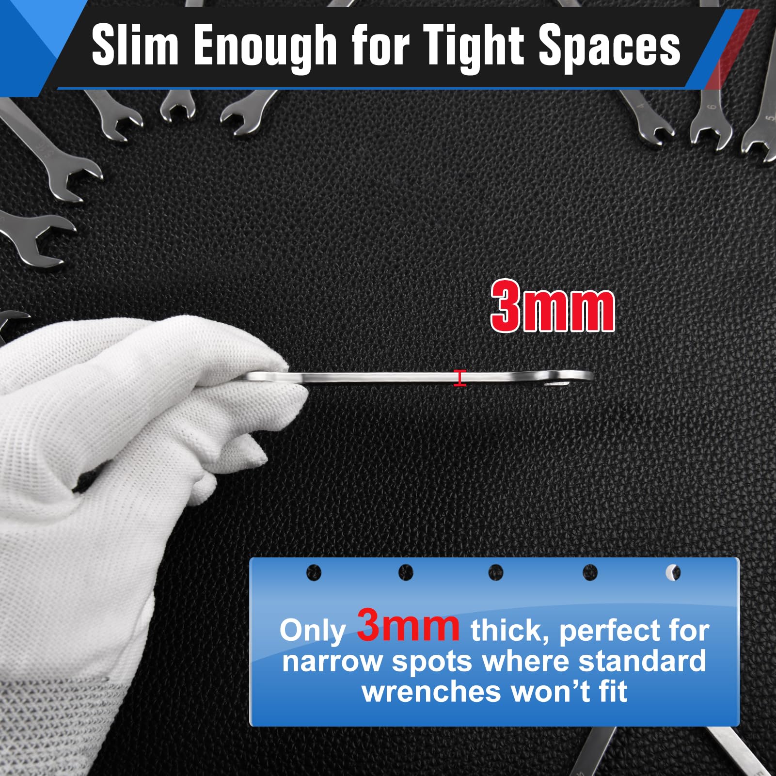 20 szt. ultracienkich metrycznych mini kluczy płasko-oczkowych SAE – 4 mm-11 mm i 5/81.3 cm-7/40.6 cm ze stali nierdzewnej z 2 szt. gumowanych stalowych zamków kablowych i etui do
