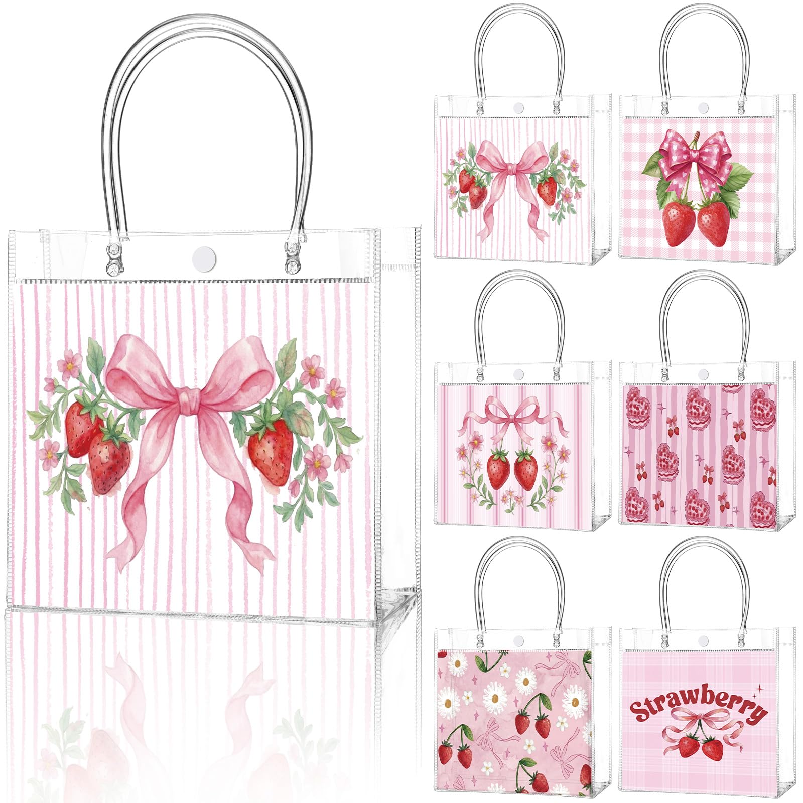 Teenyyou 24 Pcs Strawberry Clear Gift Bags Transparent PVC Tote Bags with Handles Reusable Strawberry Print Goodie Container for Theme Party, Birthday, Baby Shower, Wedding
