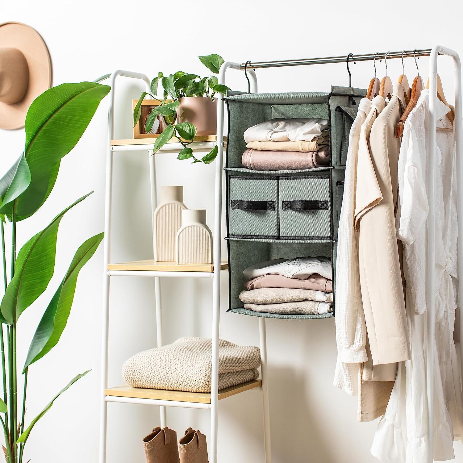 SMIRLY 6 Shelf Hanging Closet Organizer Hanging Shelves, Closet Hanging Organizer with 2 Sturdy Hooks for Wardrobe, Nursery, Storage (Grey, 3 Shelf)