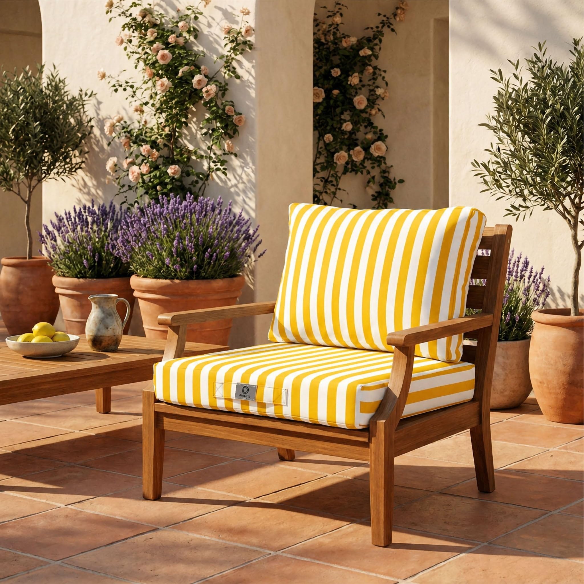 Déco Arts — Set di 2 Cuscini Sfoderabili Salotto Giardino 60x60 — Seduta 60x60 + Schienale 60x35 cm — Impermeabile Anti-UV — Ricambio Mobili Giardino Terrazzo Balcone Veranda — A Righe Gialle
