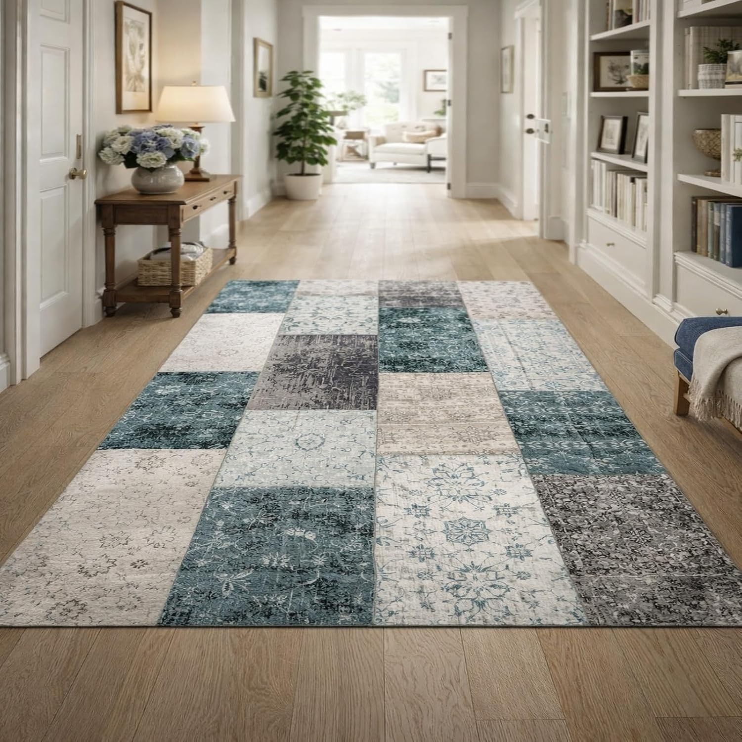 Tapis Carré Lavable Motif Floral, Vert, 100 x 100 cm