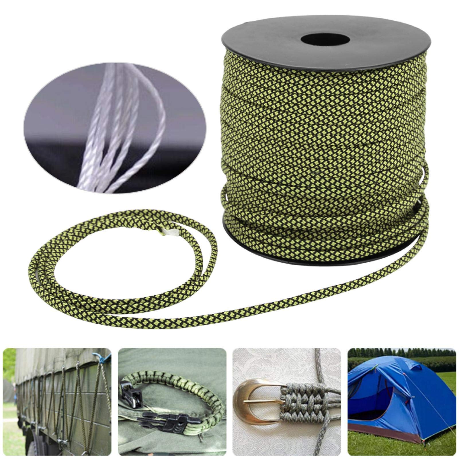 Demeras Liny odciągowe, 50 m, 4 mm grubości, 7 linek survivalowych, na zewnątrz, kemping, wędrówki, markizy, namioty (zielone i czarne)