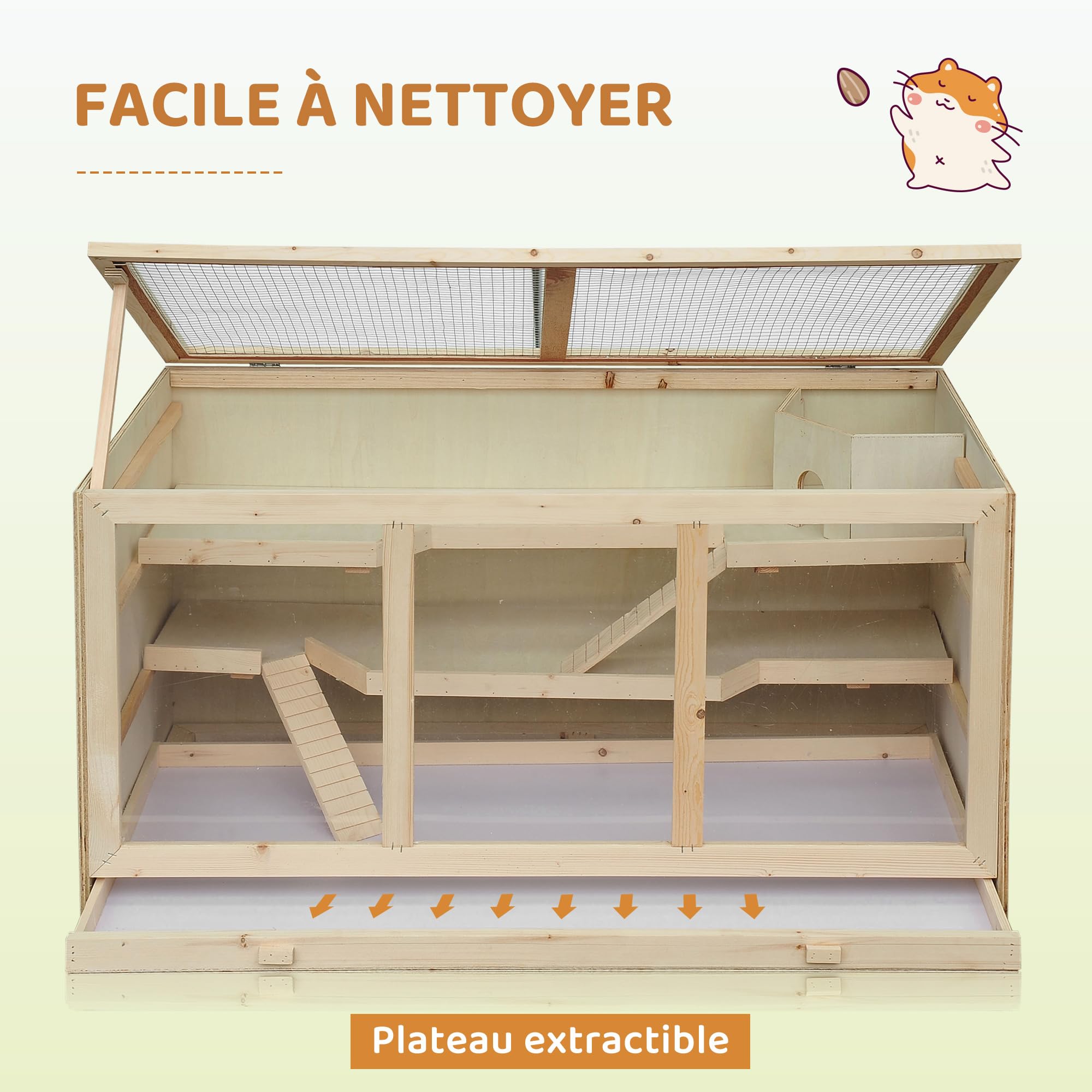PawHut Gabbia per criceto a 2 livelli, Gabbia gerbilli con tetto apribile, finestre, capanna, habitat per piccoli roditori, 2 scale e vassoio scorrevole, 115 x 57 x 55 cm, effetto legno naturale