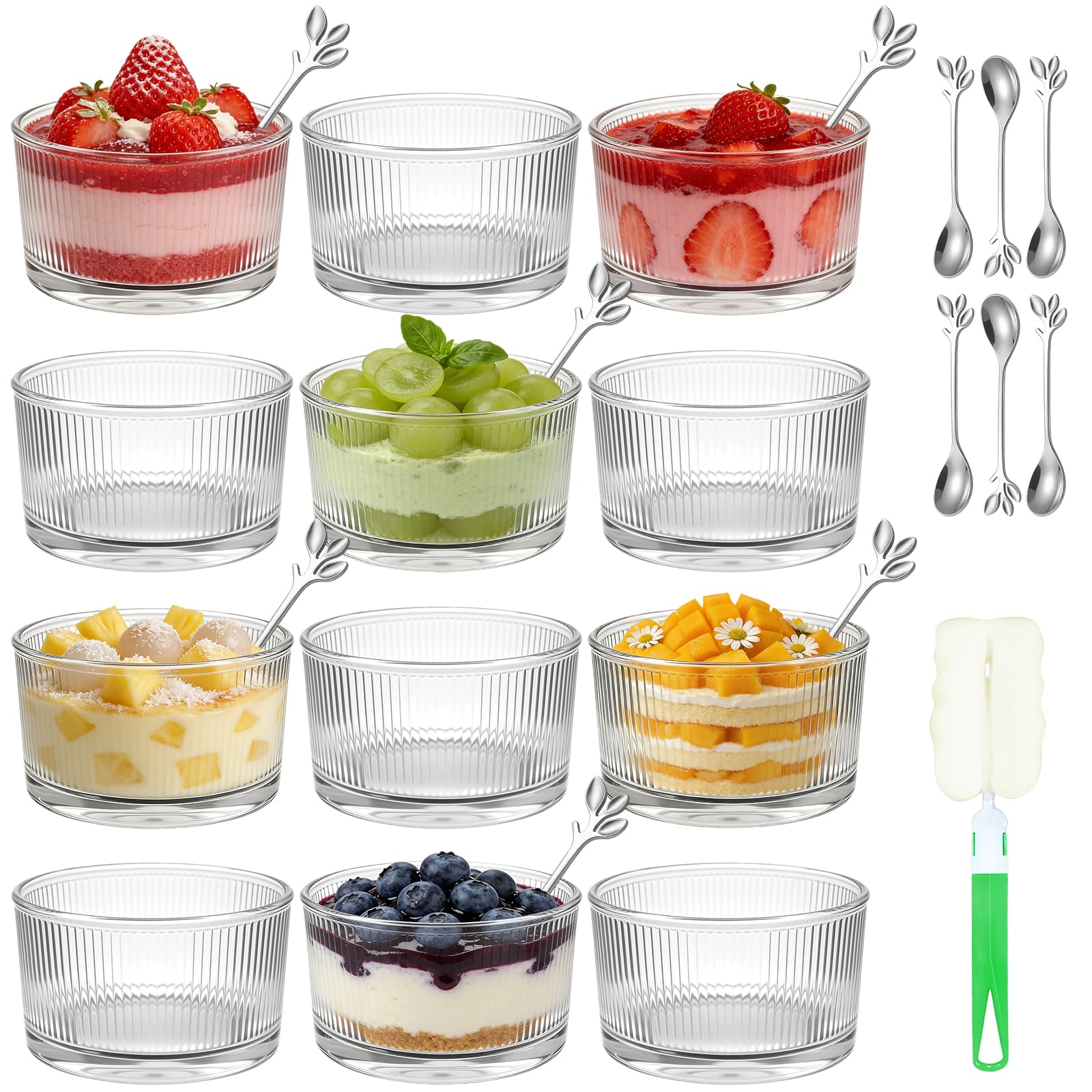 Mispudin Modern Dessert Glasses Set of 12, 200ml Small Ice Cream Bowls Glass with Spoons, Brush, Stackable Glass Dessert Bowls for Sundae, Parfait, Salad, Fruit, Yogurt, Party (Vertical Stripes)