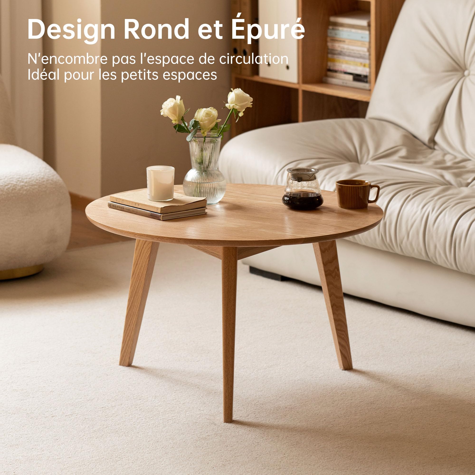 YESWOOD Table Basse Ronde en Chêne Massif, Style Moderne, Table d’Appoint pour Salon, Balcon, 60 x 60 x 35 cm, Chêne Naturel