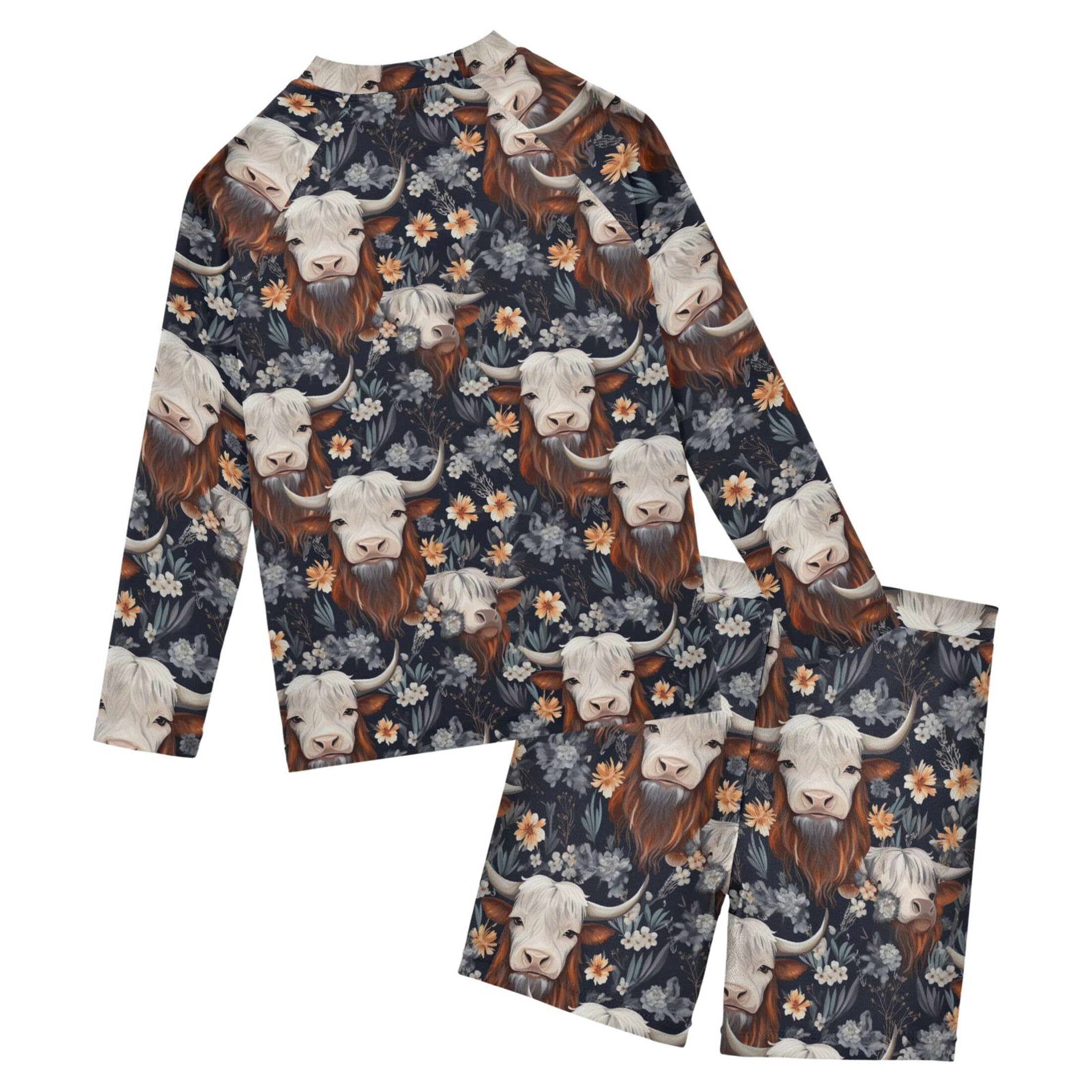 Highland Cow Flowers Animal Baby Boys' Toddler Long Sleeved Rashguard Swim Bathing Suit Set B0403266