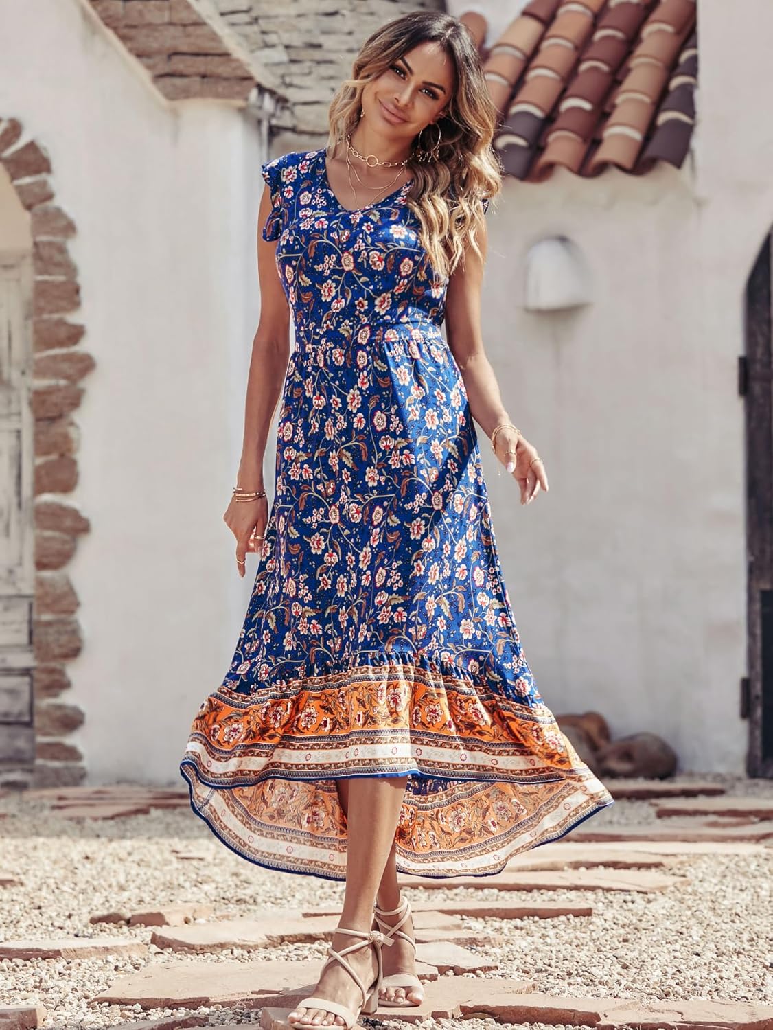 PRETTYGARDEN Women's Summer Maxi Dress Casual Floral V Neck Cap Sleeves Boho High Low Flowy Midi Long Sun Dresses - Image 7