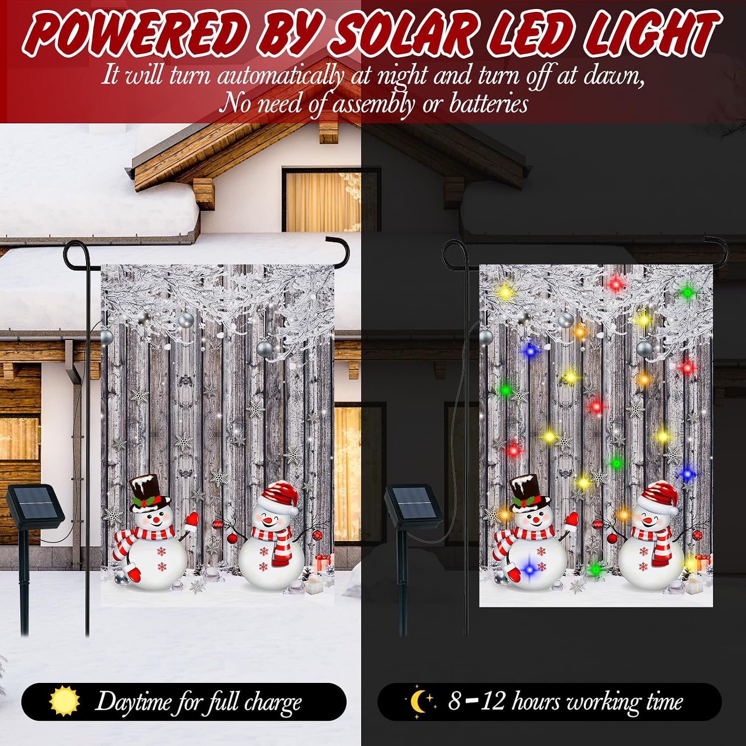 Ganeen Christmas Lighted Garden Flag - 12 x 18 Inch Snowman Solar LED Lighted Double Sided Yard Flag for Outside Home Lawn Decoration