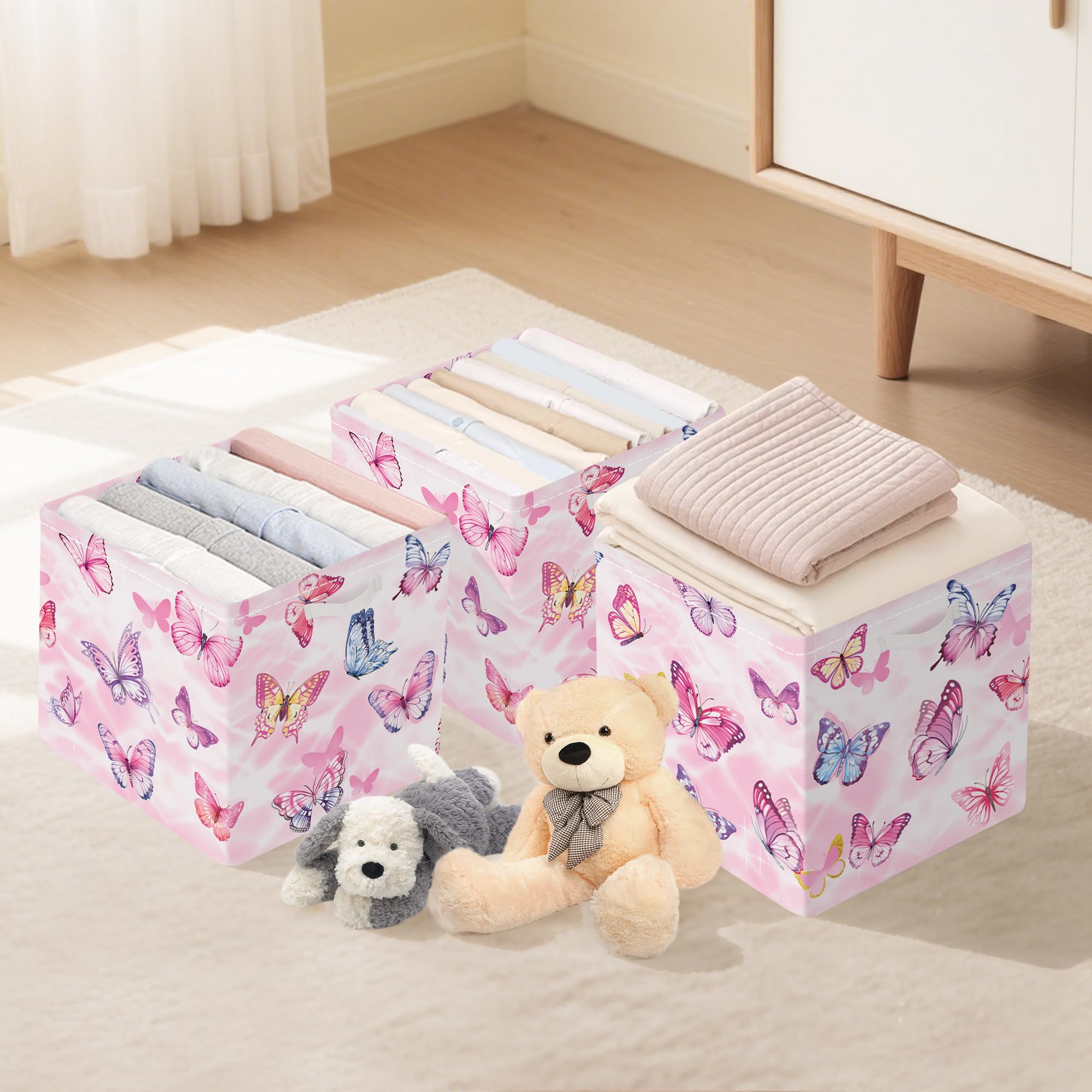 Clastyle Lot de 3 Boite Rangement Tissu Enfant Papillon Cube de Rangement Pliable Filles Panier Kallax pour Salle de Bain,Rose,30x30x30 cm