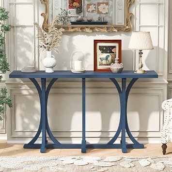 59.8 Wooden Console Table with Oak Veneer Top,Entryway Table with Rubber Wood Slender Curved Legs,for Living Room Hallway Dining Spaces Navy Blue-07