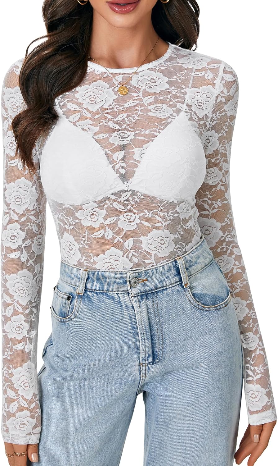 LYANER Women's Sexy Mesh Top Floral Long Sleeve See Through Shirt Lace Sheer Blouses - Image 2