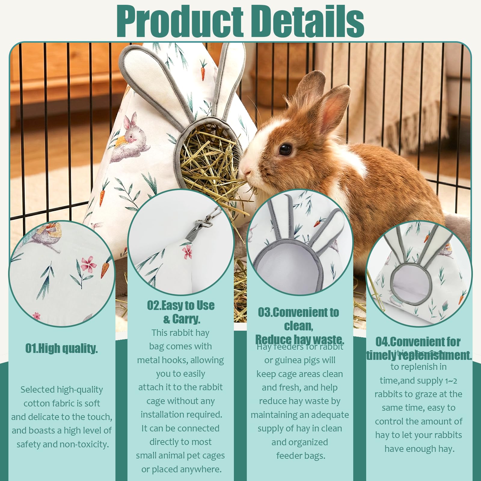 Soft Cotton Bunny Hay Feeder Bag, Cute Triangle Rabbit Hay Holder with 3D Ears, Hanging Hay Dispenser for Guinea Pigs, Chinchillas & Small Pets, Breathable & Washable Cage Accessories - image 3