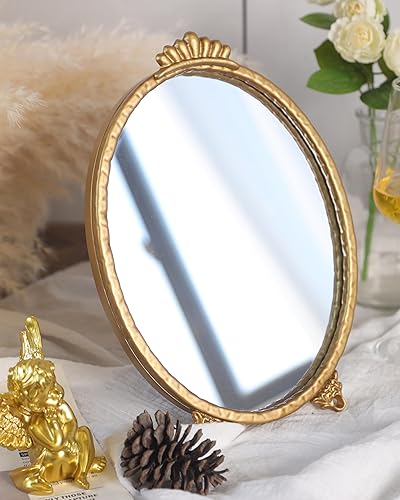 Miniatura 4 de Espejo de tocador pequeño de estilo barroco vintage para montar en la pared, marco ovalado de hierro, espejo de mesa de vidrio, 11.0 pulgadas de