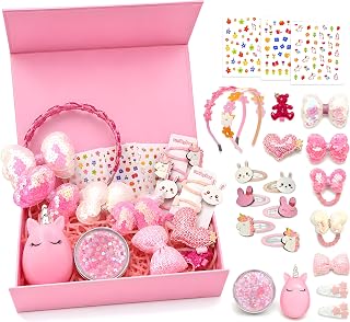 Hair Accessories for Girls Gift Set - Girl Hair Accessories Kit for Kids Ages 4-8, Pink Hair Clips, Barrettes, Ponytail Ties, Bows, Headbands, Mirror & Unicorn Comb, Toddler Hair Set
