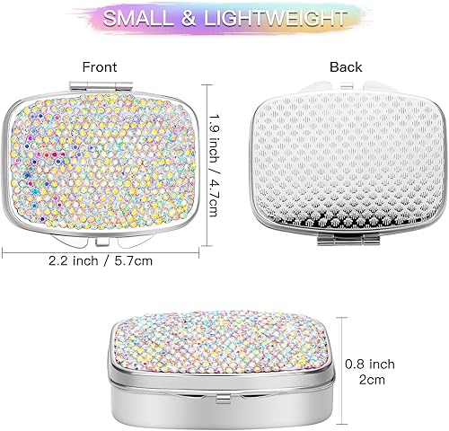 Miniatura 2 de Soleebee Pastillero de cristal brillante, portátil con 2 compartimentos, organizador diario de píldoras, pequeño estuche de pastillas de viaje para