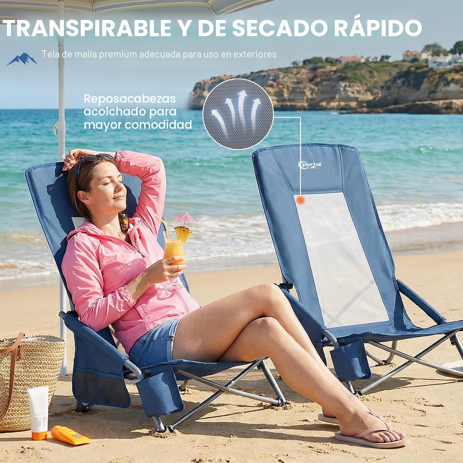Portal Juego de 2 sillas de playa de respaldo alto, ligeras, bajas, portátiles, para adultos, asiento de playa, festival, picnic, mochila, tumbona plegable al aire libre, con portavasos de malla