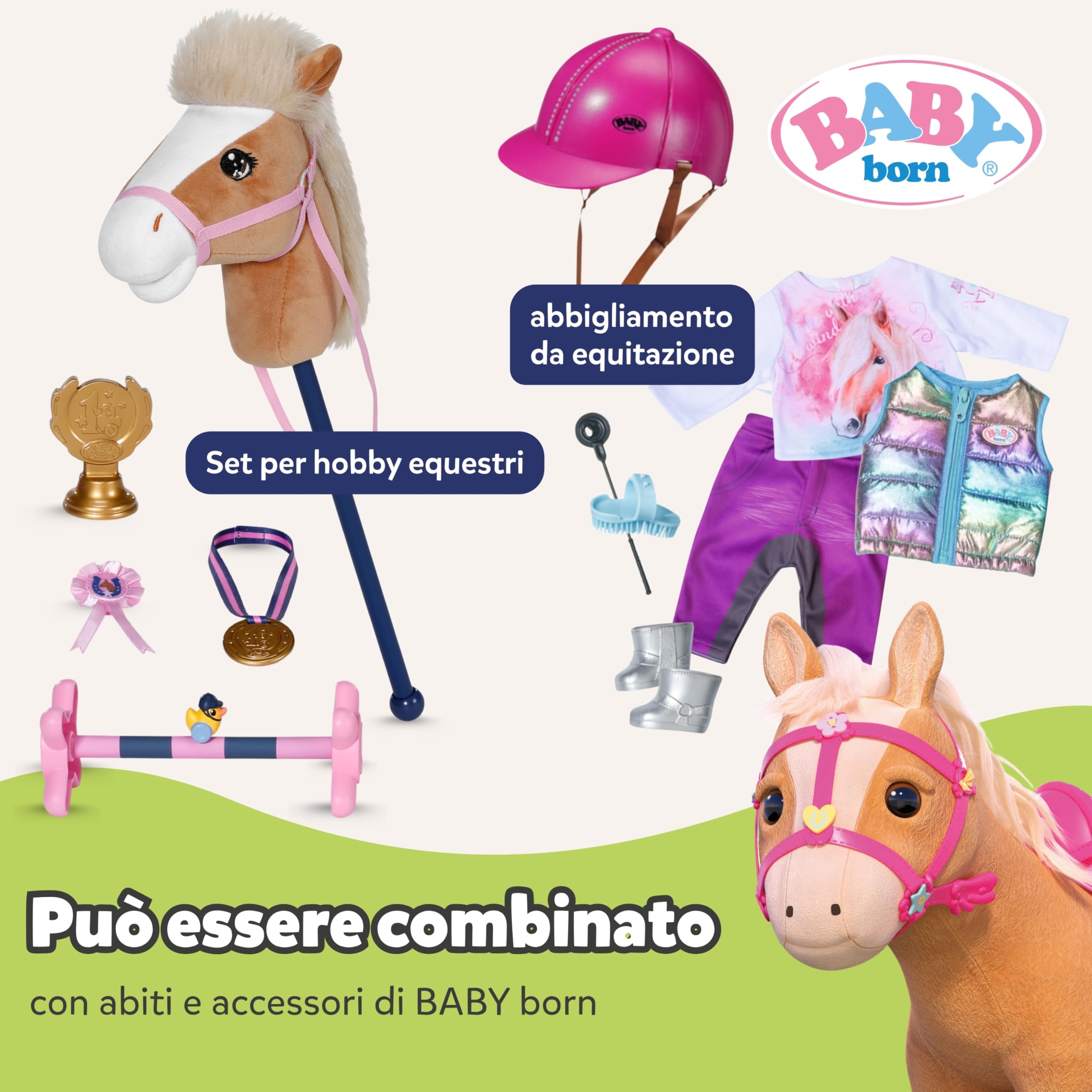 BABY born Il mio cavallo Cutie Click & Play con trasportino | Funzione di camminata e suoni, sella rosa, briglie, spille decorative
