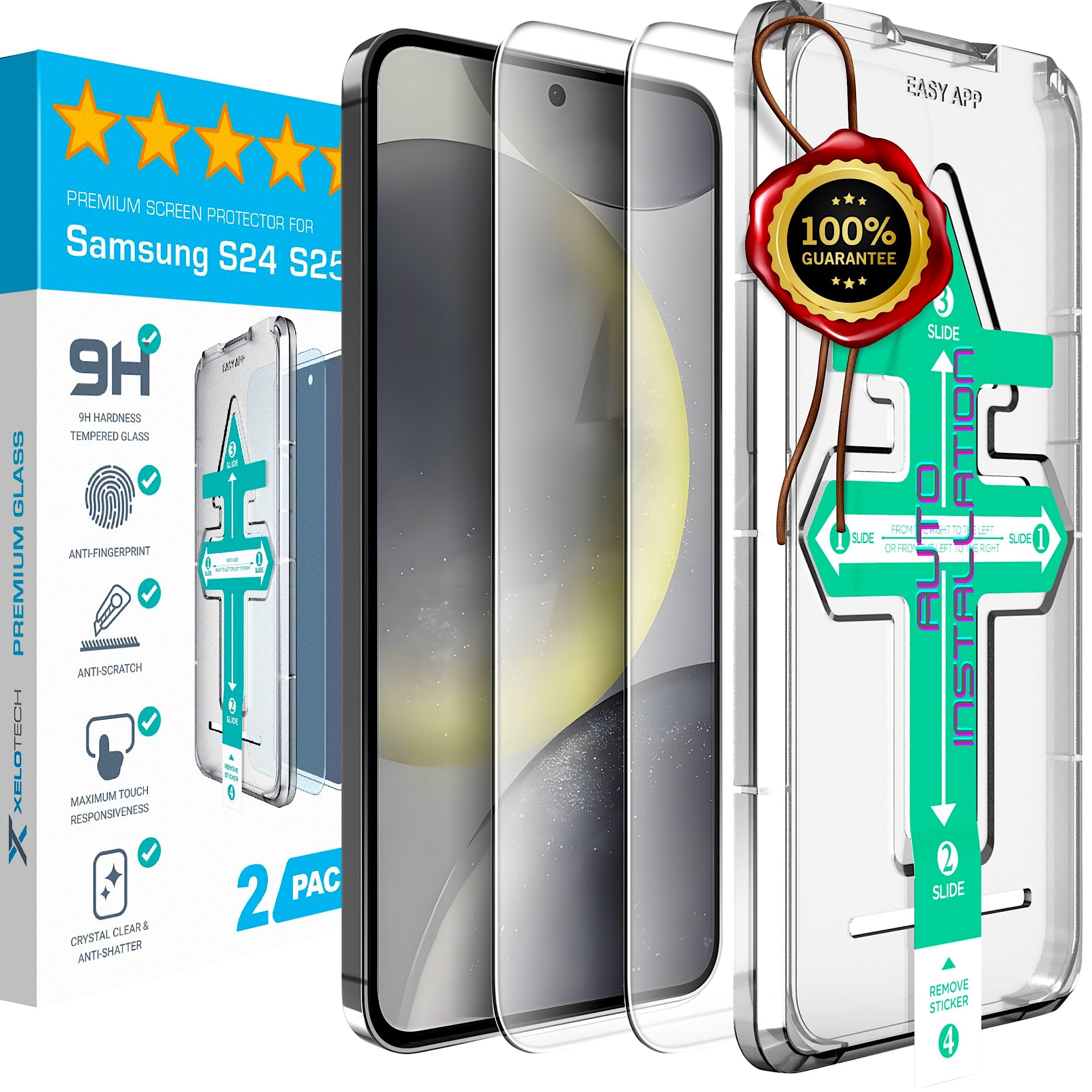 XeloTech DE Schutzglas für Samsung Galaxy S24 / S25 aus Panzerglas 9H+, Fingerabdruck kompatibel, Automatische Ausrichtung durch Schablone, Case Friendly, 2 Stück